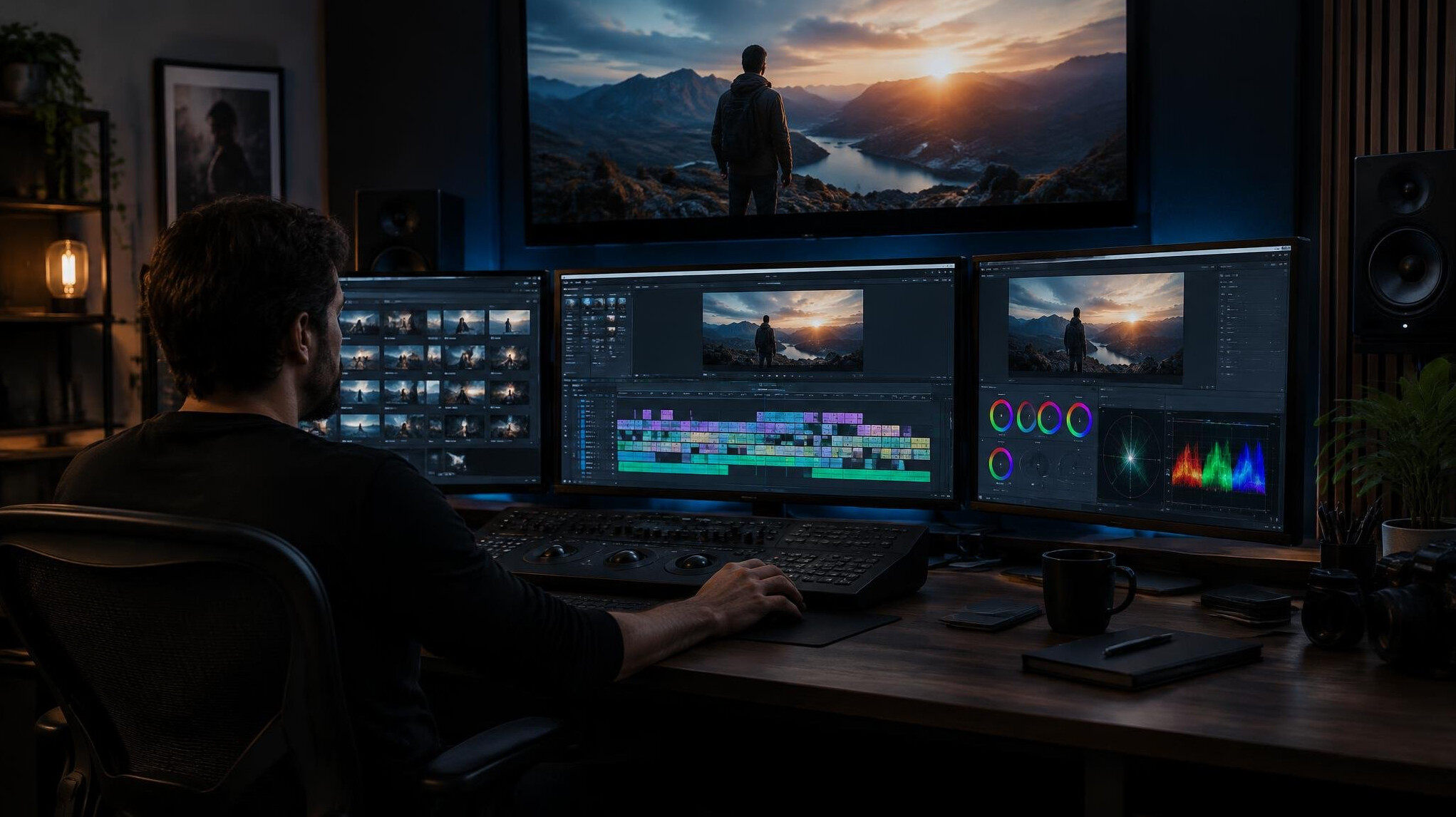Video editor working on a multi-monitor editing timeline